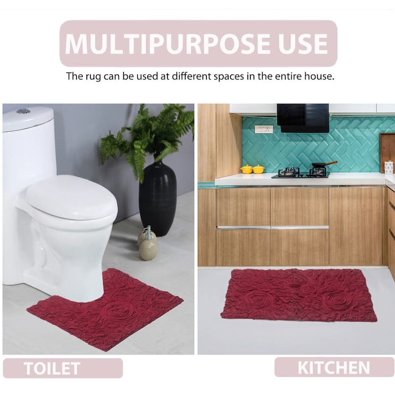 Bell Flower Collection 100% Cotton Non-Slip Bathroom Rug Set, Machine Washable Bath Rug, 5 Piece Bath Mat Set with Runner