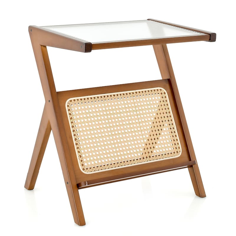 Decorative End Table with Rattan Accents and Storage Rack - 19.5" x 14" x 22" (L x W x H) - Walnut
