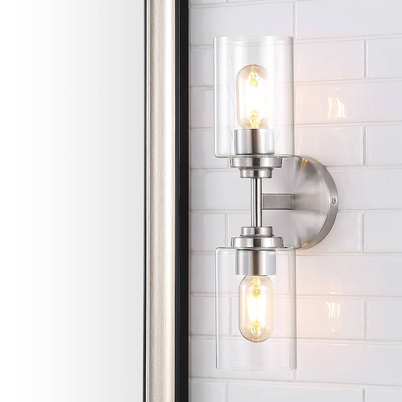 Giles 16" 2-Light Farmhouse Industrial Iron Cylinder LED Sconce, Oil Rubbed Bronze/Clear by JONATHAN Y - One - Nickel