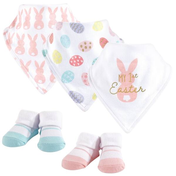 slide 1 of 1, Hudson Baby Infant Girl Cotton Bib and Sock Set 5pk, Girl First Easter, One Size - Girl First Easter - One Size One Size - Girl First Easter