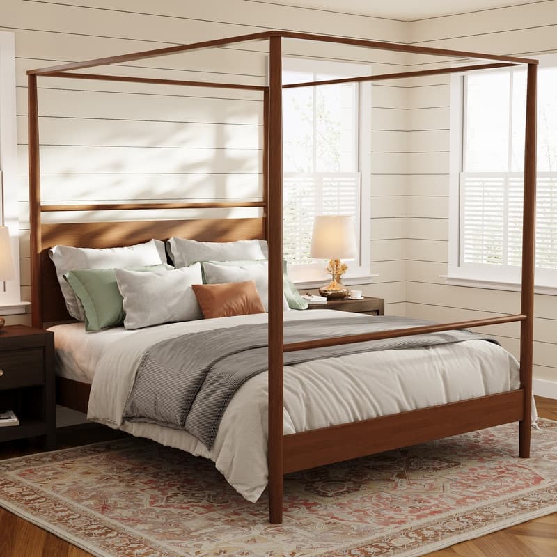 Walnut Wooden Canopy Bed Frame Panel Wingback Bed Four Posters Bed with Complete Roller Track on The Top No Box Spring Needed