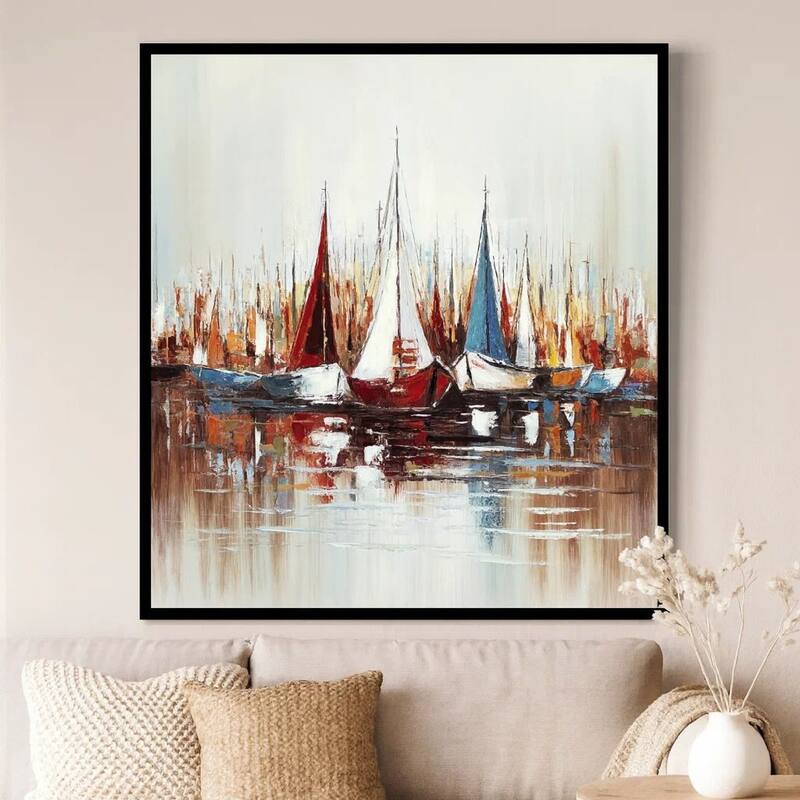 Hy 47 x 47 Hand Painted Multicolor Boats in Standing Water, Black PS Frame - White, Blue, Red, Yellow