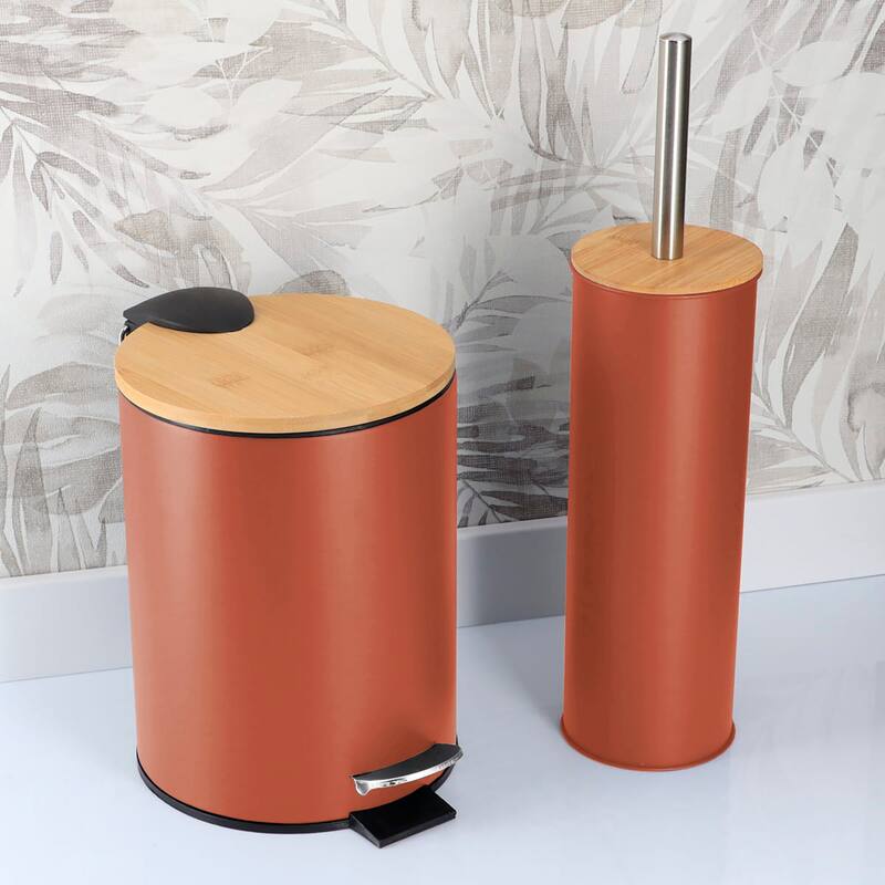 Bathroom Set with Bamboo Lid - Matte Metal Trash Can and Toilet Brush - 15.6" H x 11" L x 11" W