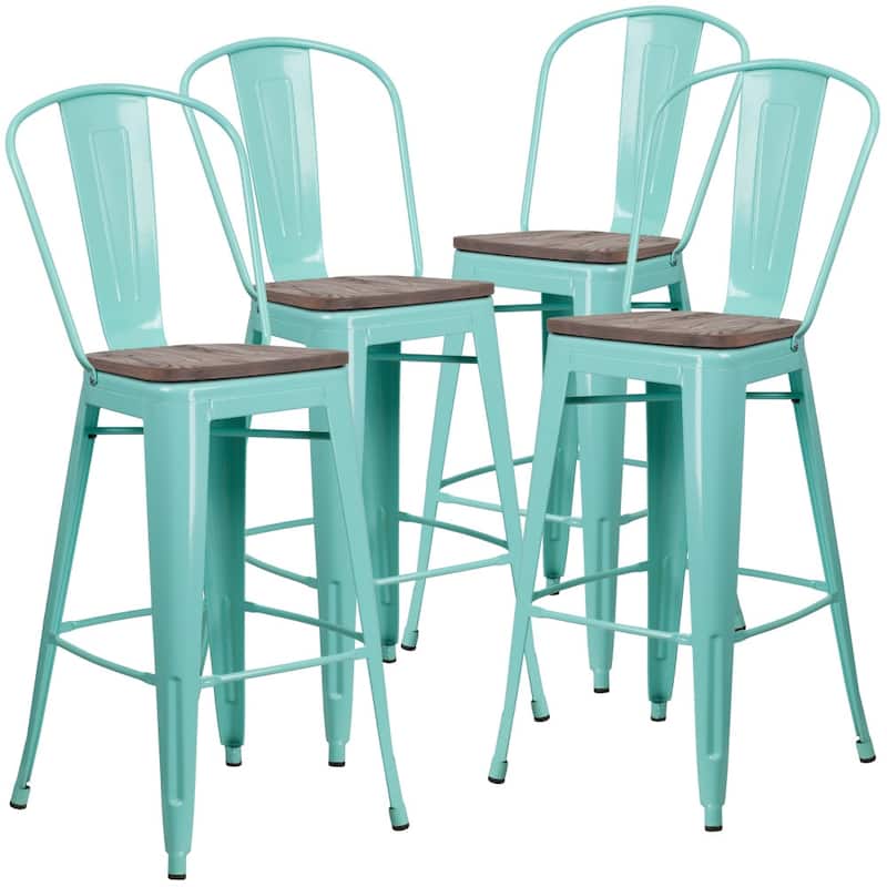4 Pk. 30" High Metal Barstool with Back and Wood Seat - 18"W x 19"D x 46"H - 18"W x 19"D x 46"H