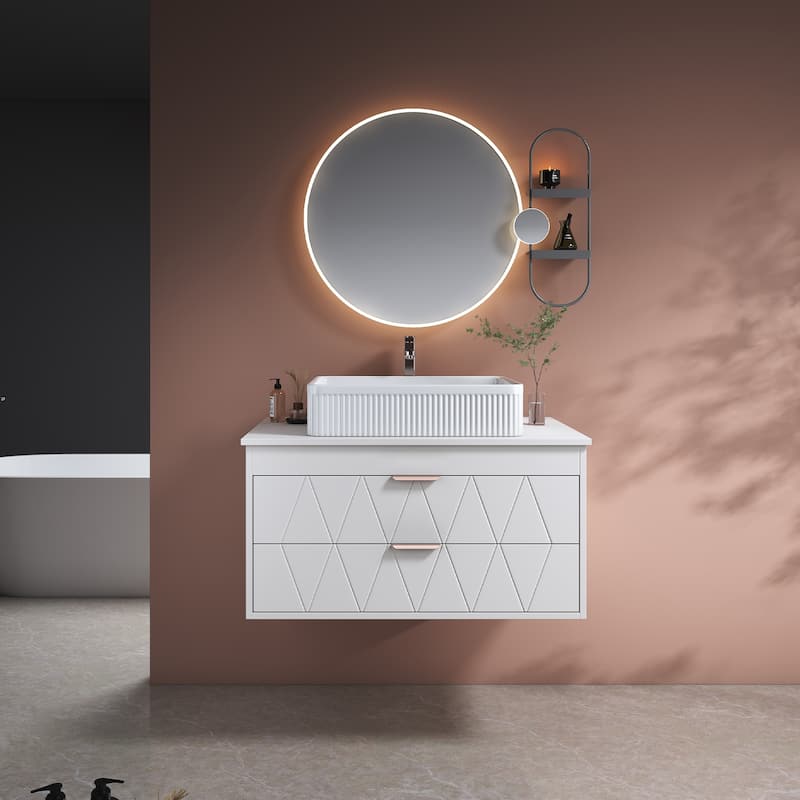 GDFStudio - Modern 31.5" Floating Wall-Mounted Bathroom Vanity with Vessel Sink, Soft-Close Drawers & Diamond-Patterned Design