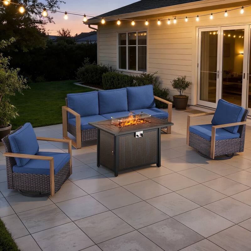 Meyreso Wicker Outdoor Patio Metal Fire Pit Set with Swivel Gliders & 4.5" Olefin Cushions - Brown / Navy Cushions - 4-Piece