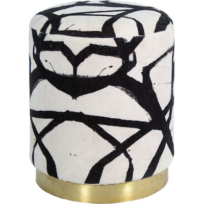 18" White and Black Round Abstract Pattern Velvet Stool