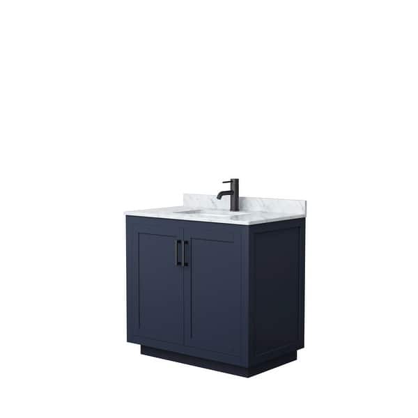 slide 2 of 176, Miranda Single Vanity Set, White Carrara Marble Top, No Mirror 36-Inch Single - Dark Blue, Black Trim, White Carrara Marble Top
