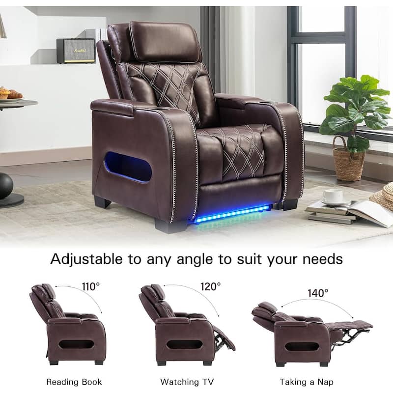 Power Recliner Chair with Adjustable Headrest, Breathable PU Leather Home Theater Seating with Ambient Lighting,Cup Holders