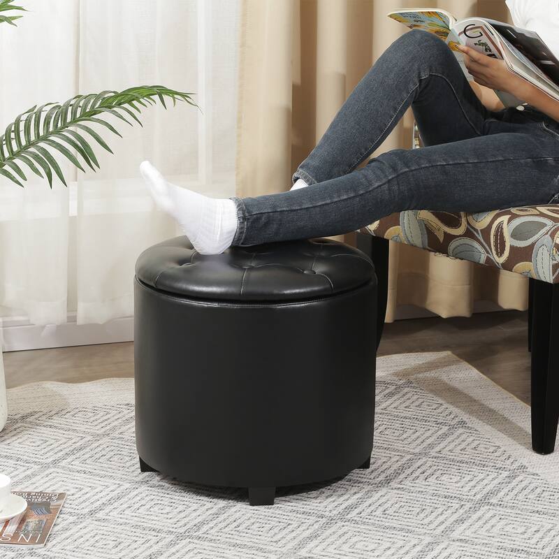 Adeco 17" Faux Leather Round Storage Ottoman with Tufted