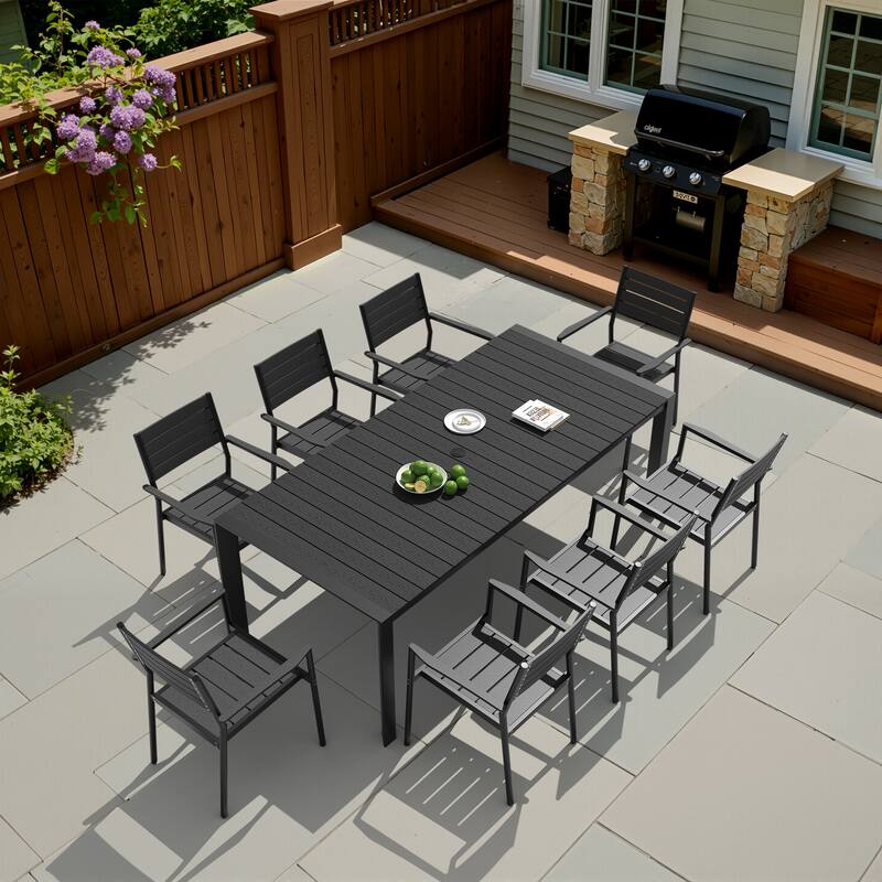 9-PCOutdoor Patio Dining Set WoodLike Table Top Aluminum Rectangular Umbrella Hole Table with Stackable Armrest Dining Chairs