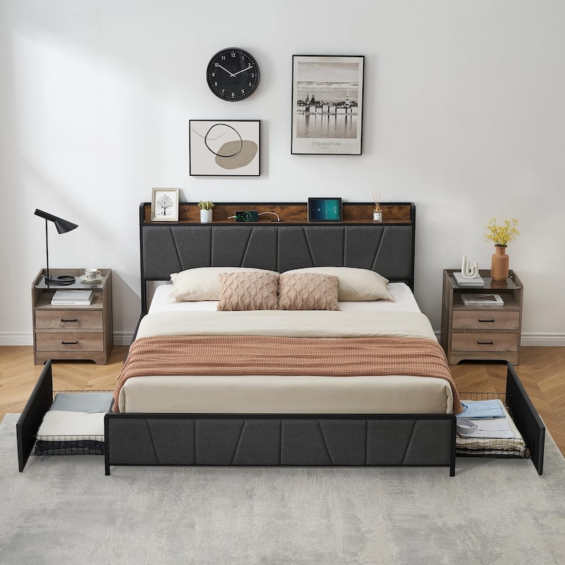 Upholstered Platform Bed Frame with Storage Headboard and Charging Station - King
