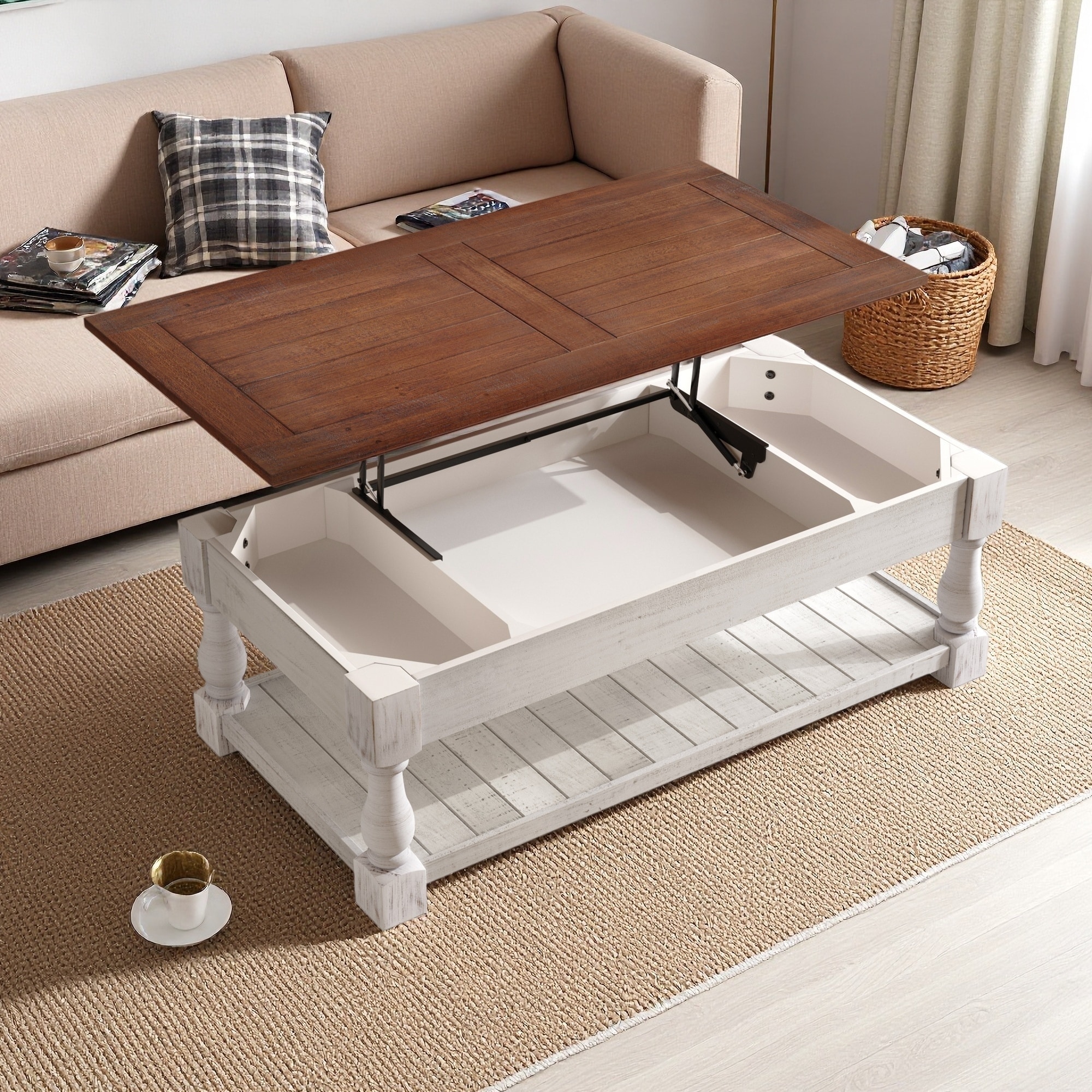 47.24" Farmhouse Lift Top Coffee Table with Fixed Shelf and 3 Hidden Storage Trays for Living Room - 1-Piece