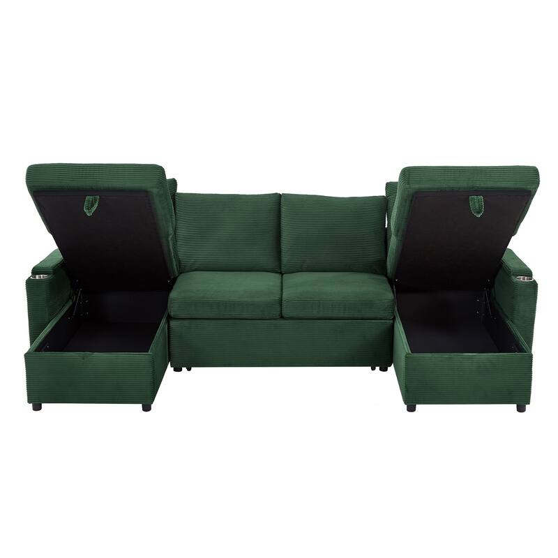 Roomfitters Convertible Sofa Bed 109.5" U-Shaped Sectional Upholstered Sofa with Storage Chaise, Cup Holders and USB Ports