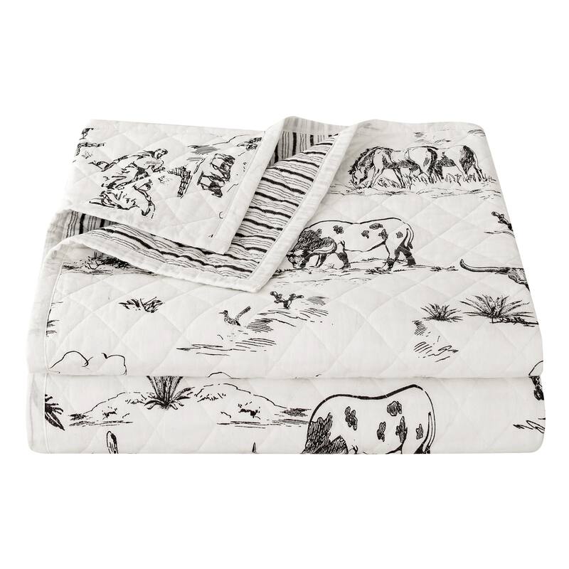 Paseo Road Ranch Life Western Cowboy White/Black 100% Cotton Rustic Toile Western Bedding 3 Piece Reversible Quilt Set