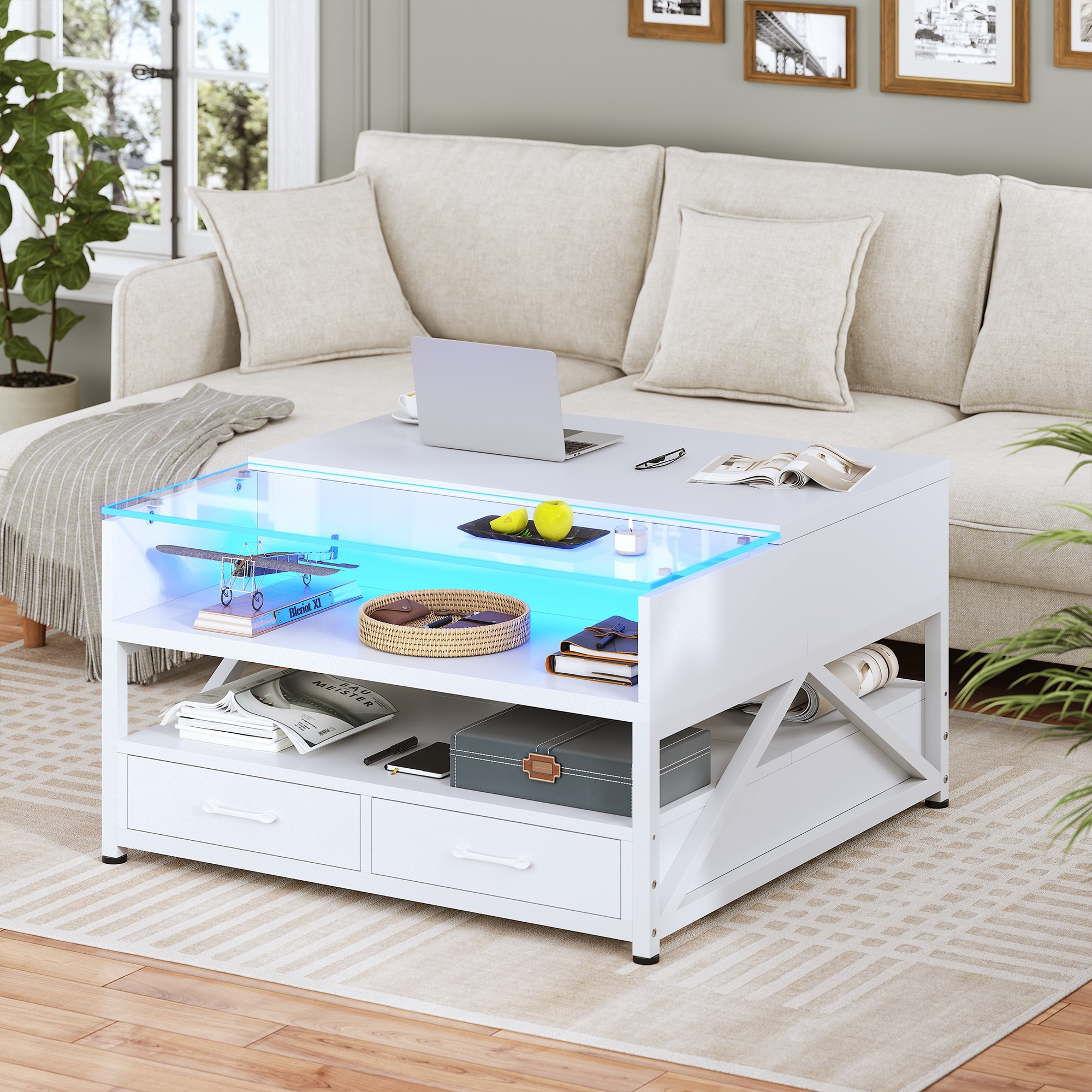 LED Coffee Table Lifting Top 3 Hidden Storage Compartment