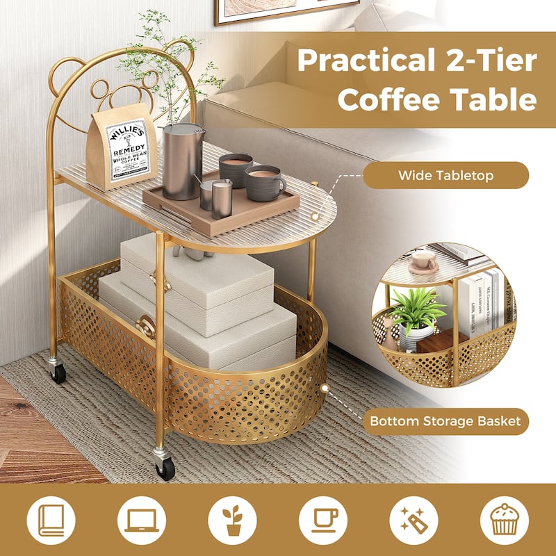 Gymax 2-Tier Mobile Glass Coffee Table w/ Bear Pattern Storage Basket