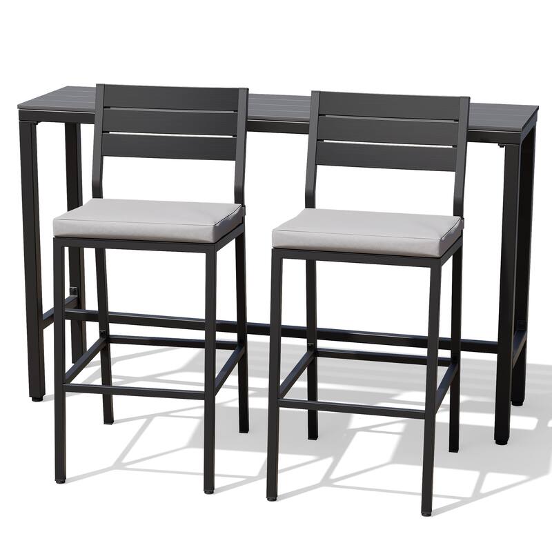 Outdoor 3-Piece Patio Bar Stools Set Rectangle Bar Table and Barstools with Cushion - Grey Table with Light Grey Cushion Chairs