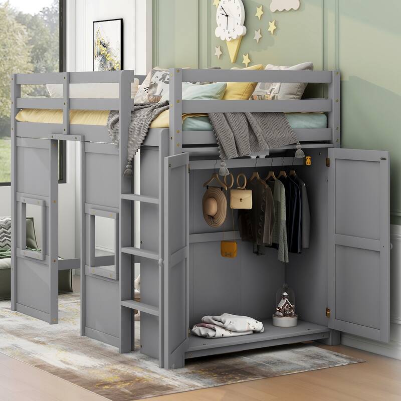Twin Size Loft Bed with Built-in Storage Wardrobe & 2 Windows, Wooden Bed Frame w/Ladder & Safety Guardrail for Boys & Girls
