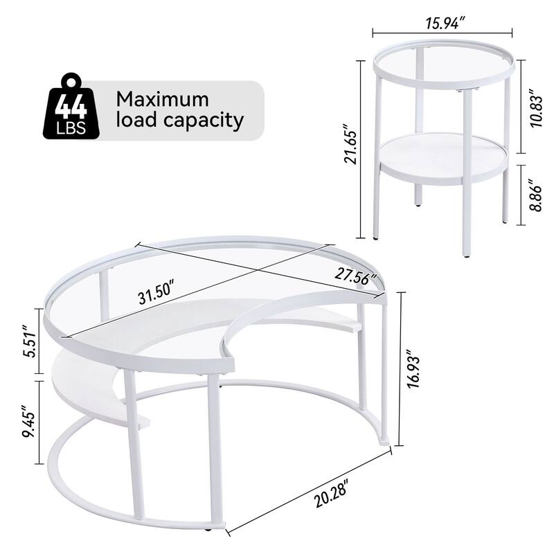 Modern Minimalist Round Coffee Table Set with Tempered Glass Top and Open Wood Storage Shelves