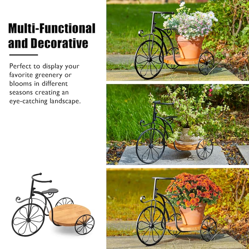 Glitzhome 24"L Spring Metal Tricycle Planter Stands Flower Pot Cart with Wood Trays
