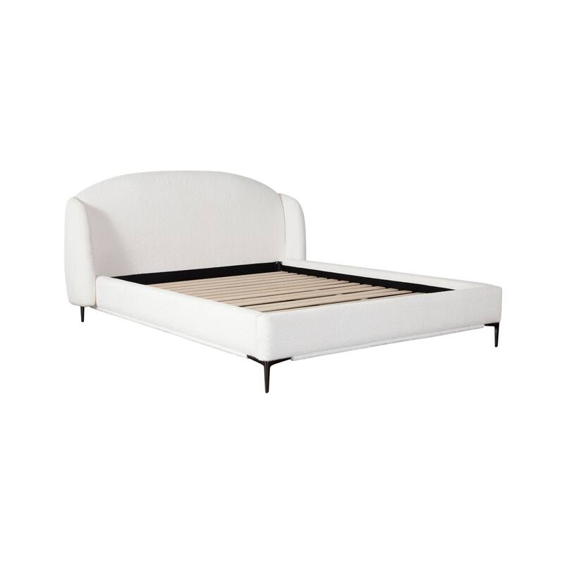 Peli King Size Bed, Low Profile Curved Back Ivory Faux Shearling Upholstery