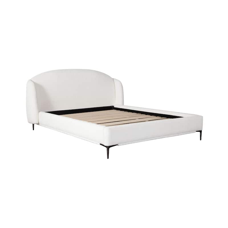 Peli Queen Size Bed, Low Profile Curved Back Ivory Faux Shearling Upholstery