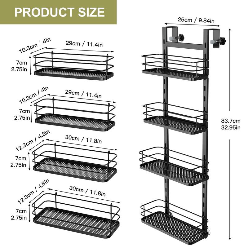 Adjustable Hanging Over the Shower Door Caddy,Bathroom Organizer Shelf Storage with 4 Hooks for Razor - Black-4 Pack