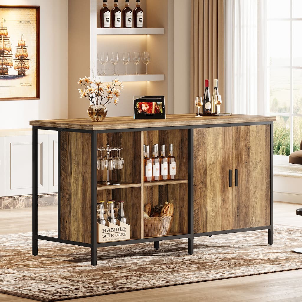 Industrial Bar Table 63 Inch, 2-Tier Storage Shelves, Rustic Wood Metal Frame for Kitchen Pub Living Room