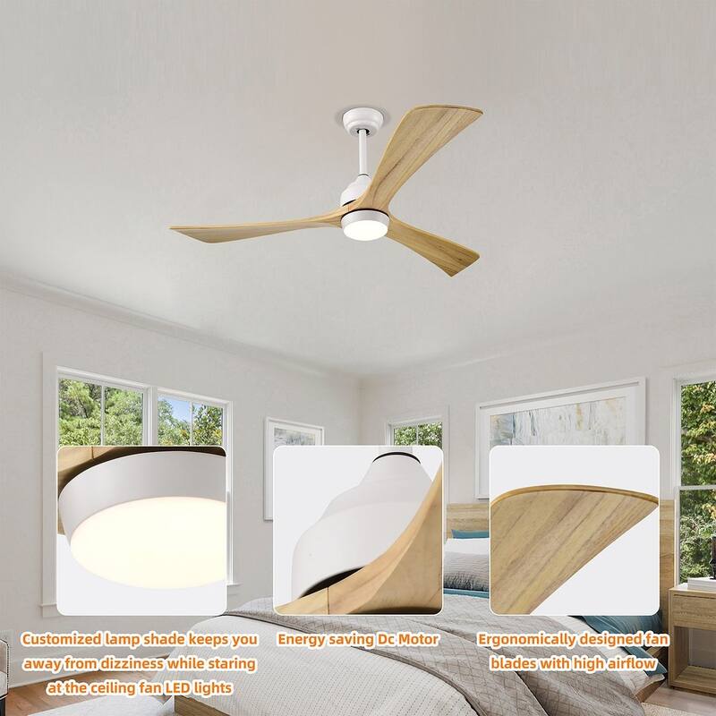 52 inch Smart Ceiling Fan Light with Remote Control with 3 Wood Blades,Flush Mount,Dimmable LED