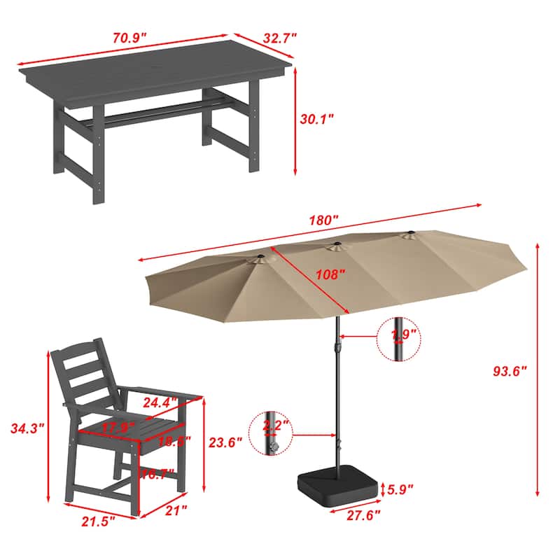 Outdoor Dining Table and Chair Set: HDPE Material, Wood - Grain Design
