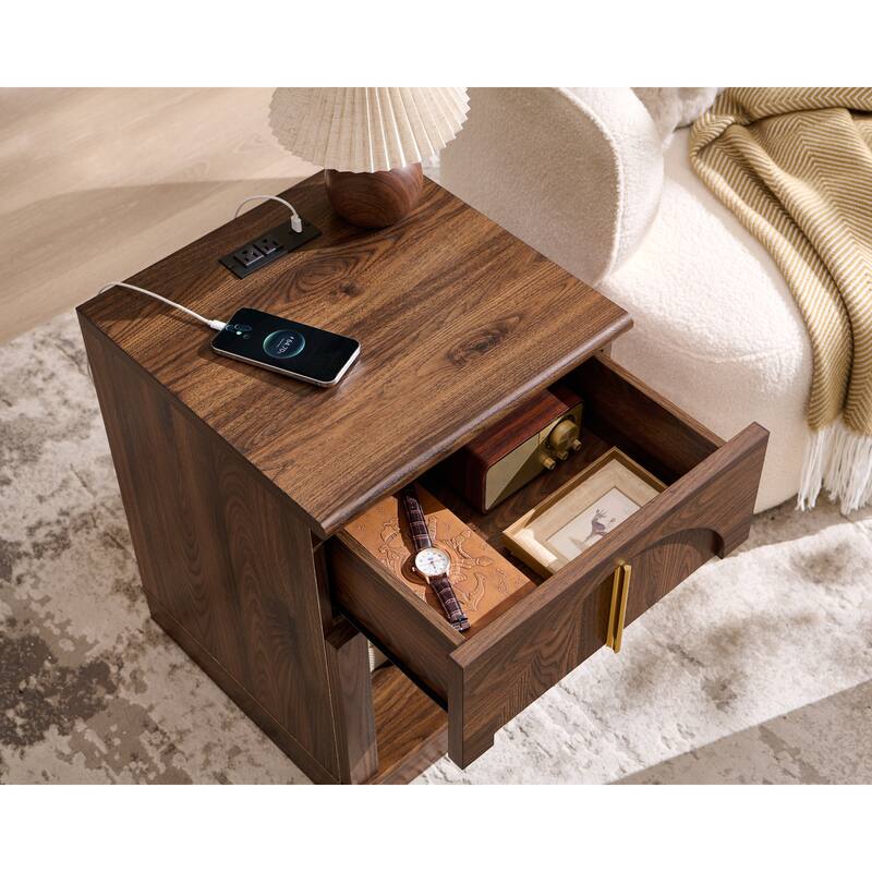 Modern Nightstand w/ Arched Panel, Bedside Table w/ Charging Station