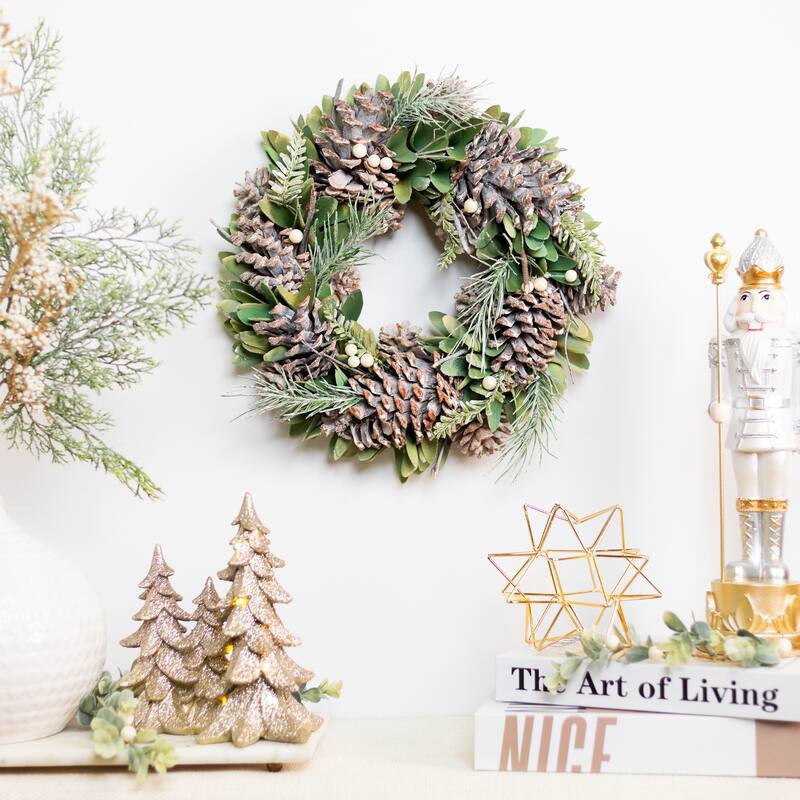 Frosted Pinecone and Wooden Petals Artificial Christmas Wreath -14" - Unlit