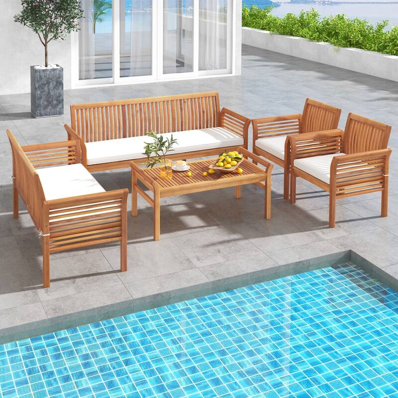 Gymax Set Of 5 Patio Furniture Set w/ Acacia Wood Frame & Removable - Natural