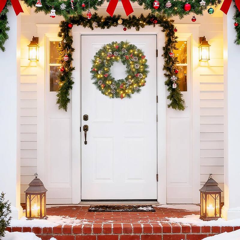 24 Inch Prelit Christmas Wreath for Front Door with Pine Cones