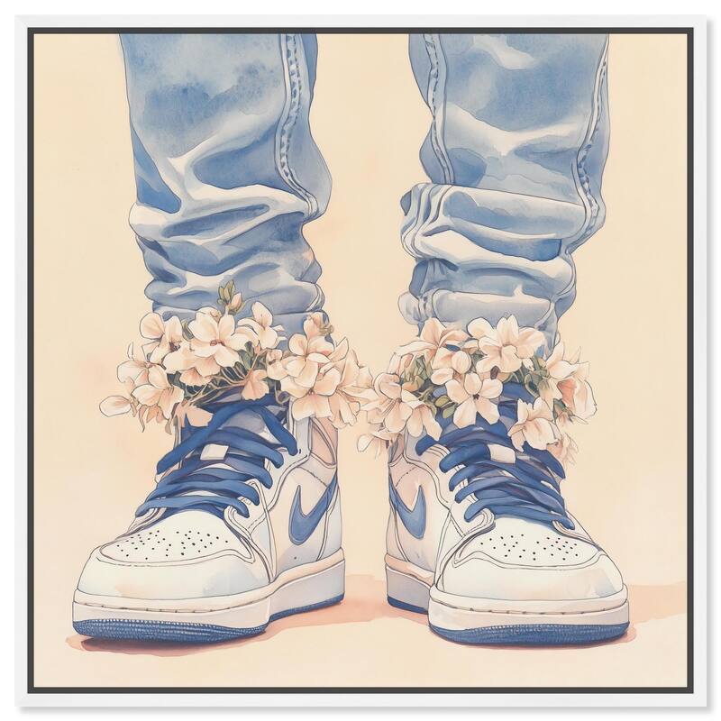 Gentle Blue Sneakers and Flowers Canvas by Art Remedy - White - 24" x 24"