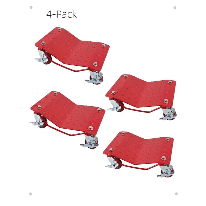 4-Pack Car Wheel Dolly Set 16 x 13 in Heavy-Duty Carbon Steel with Anti-Skid Plate Red - Red