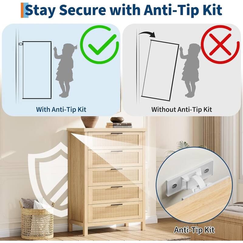 Modern Fluted Dresser with 5 Storage Drawers, Organizer Cabinet for Living Room, Bedroom