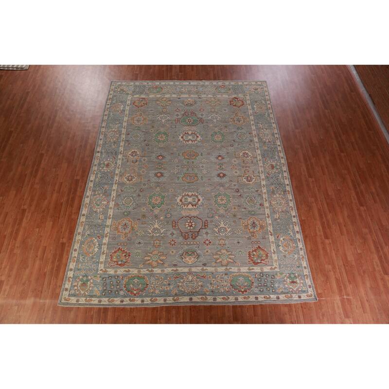 Hand Knotted Oriental 100% Wool Carpet Transitional All-Over Greys & Charcoal Oushak Area Rug - 13' 4'' X 9' 11''