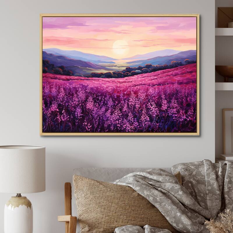 Designart "Bloomed Flower Horizons At Sunset I" Flower Framed Wall Art Prints - 32 in. wide x 16 in. high - Maple
