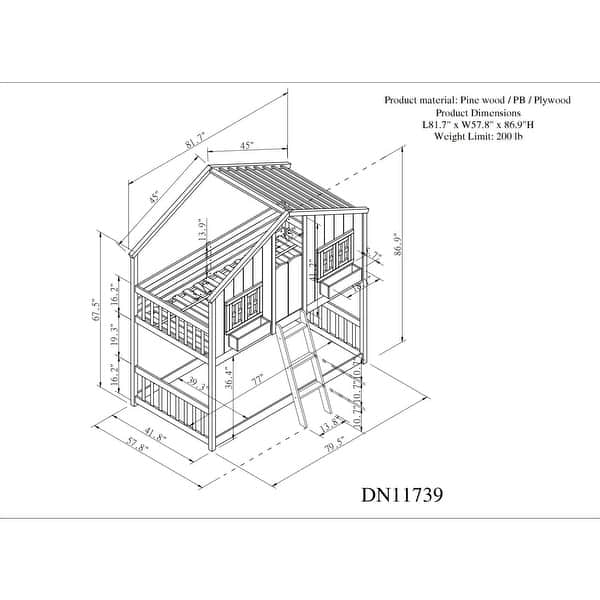 dimension image slide 1 of 4, Elegance Unique Design Wood House Roof bunk Bed,Minimalistic Design Kid's Bunk Bed