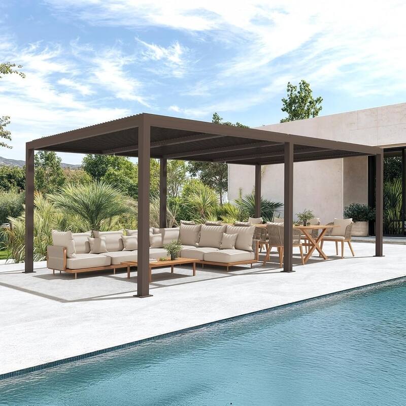 PURPLE LEAF Bronze Louvered Pergola with Adjustable Roof for Deck Backyard Garden Hardtop Gazebo - 12' x 24' - Bronze