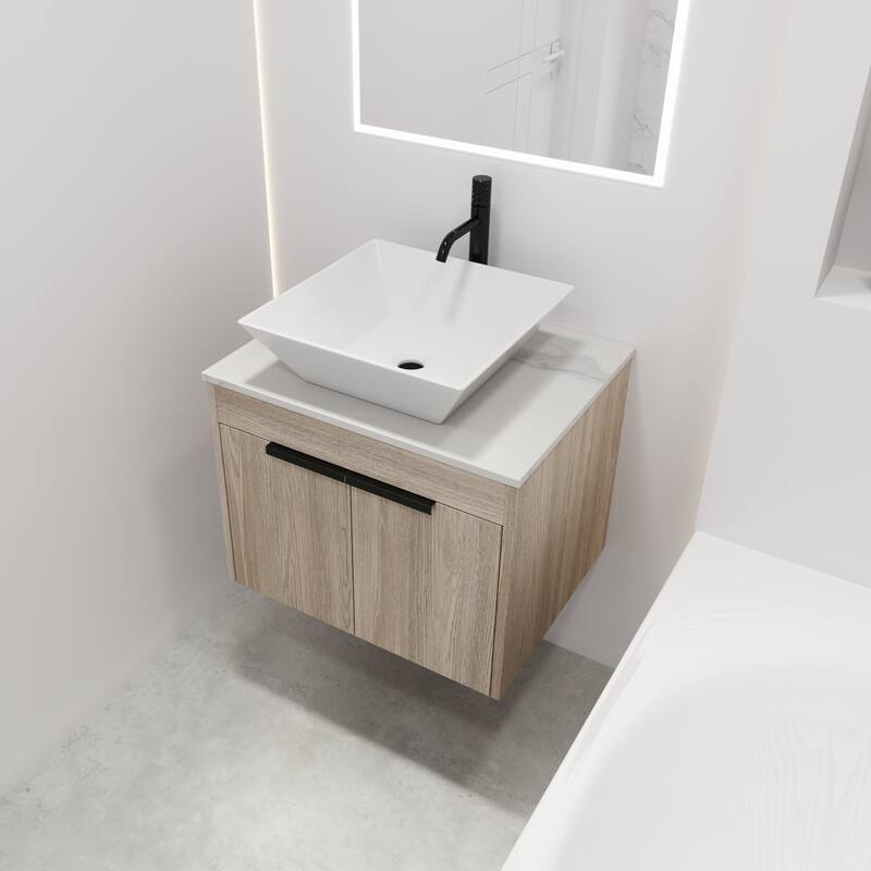 Wall-Mounted Bathroom Vanity in White Oak with White Ceramic Vessel Sink