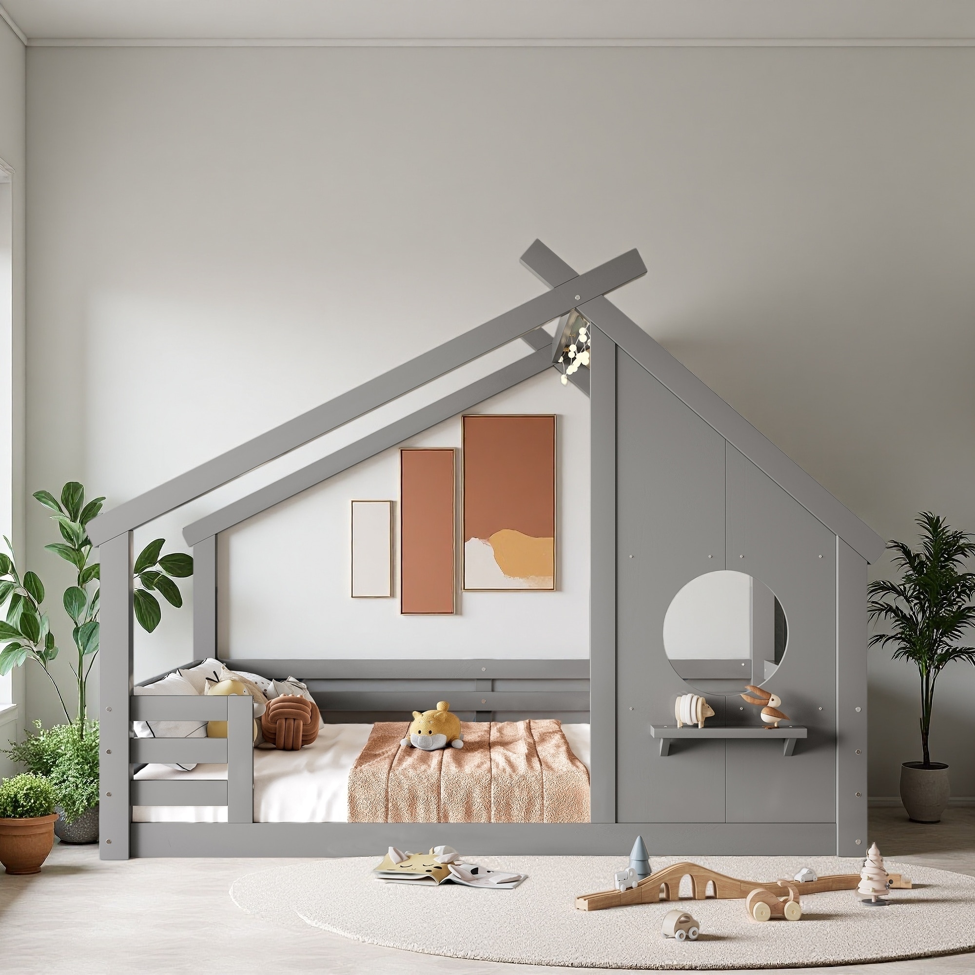 Solid Wood House Floor Platform Bed with Window, Small Shelf, and Roof