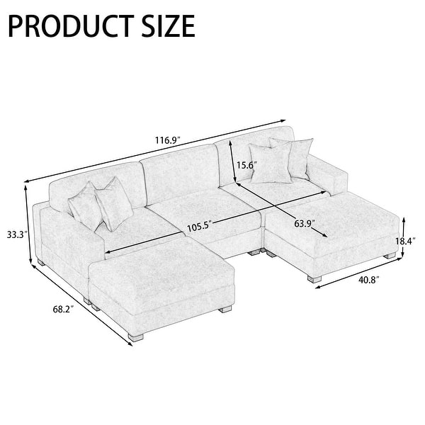dimension image slide 2 of 3, Oversized Chenille Modular Sectional Sofa Conversation Set with 2 Ottomans