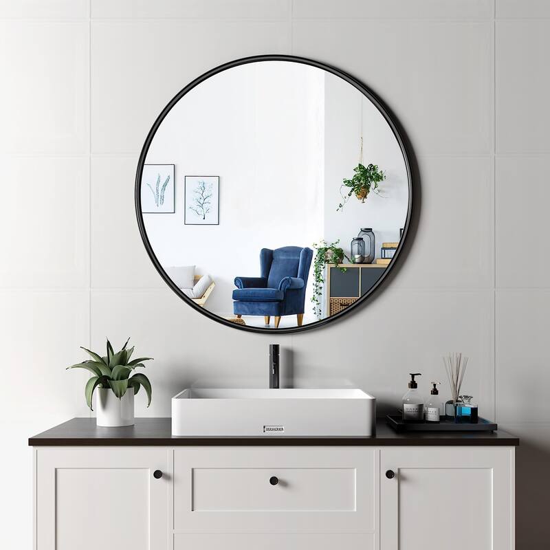 30 in. W x 30 in. H Round Aluminum Framed Wall Bathroom Vanity Mirror in Matt Black