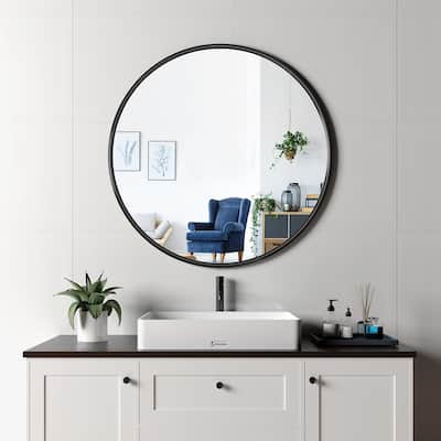 30 in. W x 30 in. H Round Aluminum Framed Wall Bathroom Vanity Mirror in Matt Black