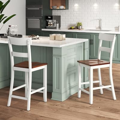 Farmhouse Dining Bar Stool Set of 2 with Solid Rubber Wood Frame - 18" x 21" x 42" (L x W x H)
