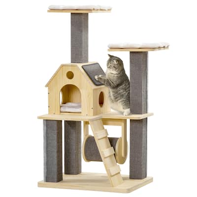 PawHut Cozy-House Cat Tree for Indoor Cats with Pillow-Covered Perches, Spinning Toy