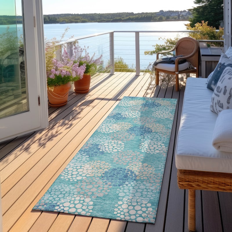 Machine Washable Indoor/ Outdoor Chantille Modern Bubbles Rug - Teal - 2'3" x 7'6"